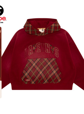 Aape旗舰店女装秋冬复古做旧拼接格纹美式薄绒连帽卫衣D330XAP