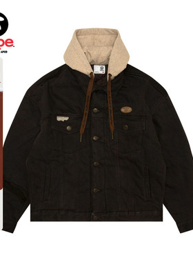 Aape旗舰店男装猿人字母刺绣潮流水洗做旧牛仔厚夹克7679XAN