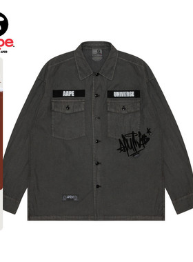 Aape春秋猿人字母刺绣大口袋水洗做旧潮流宽松长袖衬衫8481XXM