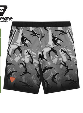 AAPE+运动男装春夏字母印花撞色拼接渐变迷彩潮流短裤6769XAG