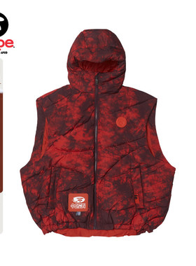 Aape旗舰店男装秋冬猿人徽章小标连帽宽松红色羽绒马甲7604XXL