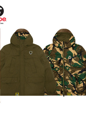 Aape旗舰店男装秋冬猿人徽章迷彩双面穿保暖厚连帽羽绒服7669XXN