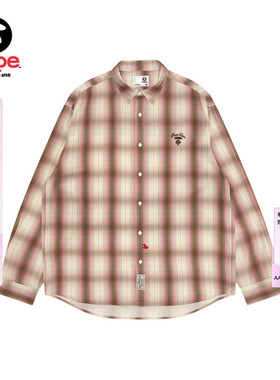 Aape旗舰店男装春夏猿人字母刺绣纹撞色格纹长袖衬衫8565XXQ