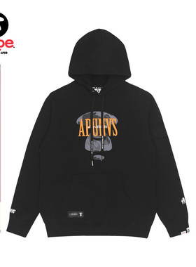 Aape旗舰店男装秋季字母猿人印花拼接口袋休闲连帽卫衣3822XXH