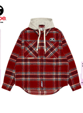 Aape旗舰店男装春夏可拆卸帽猿人刺绣复古格纹长袖衬衫8549XXQ