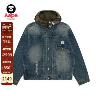 Aape旗舰店男装可拆卸迷彩帽水洗做旧复古牛仔夹克外套7749XXP