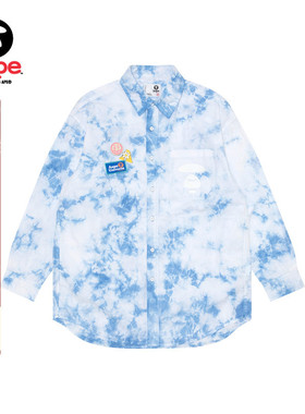 Aape旗舰店女装春秋猿人印花口袋笑脸扎染宽松长袖衬衫8447XXK