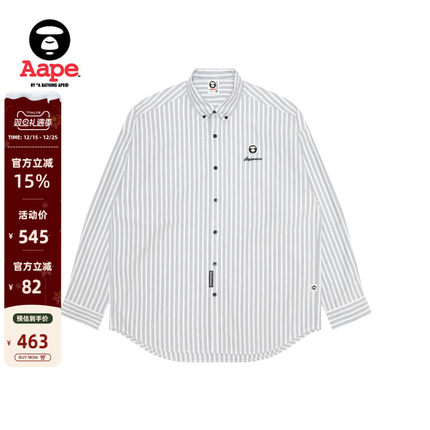 Aape旗舰店男装25春夏猿人徽章字母刺绣休闲条纹长袖衬衫8513XXO