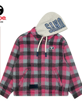 Aape旗舰店男装秋冬可拆卸帽撞色潮流格纹红色夹克外套7743XXP