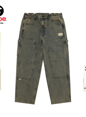 Aape旗舰店男装春夏猿人刺绣徽章水洗做旧牛仔长裤D601XAQ