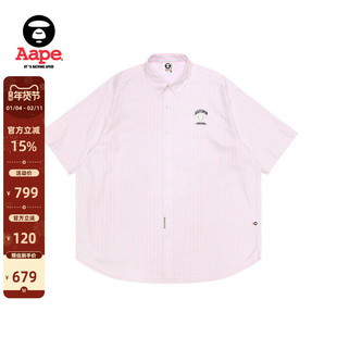 Aape旗舰店男装春夏猿人徽章字母刺绣休闲条纹短袖衬衫8517XXO