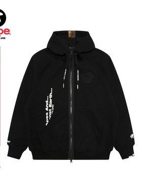 Aape旗舰店男装秋冬猿人徽章字母印花薄绒连帽卫衣外套C397XXP