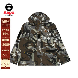 Aape旗舰店男装秋冬猿人迷彩做旧徽章复古连帽薄夹克外套7754XAP