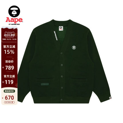 Aape旗舰店男装秋冬猿人徽章字母刺绣V领开衫厚绒卫衣B329XXN