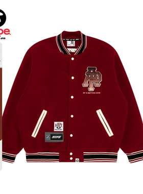 Aape旗舰店男装春秋冰球猿人毛巾徽章红色棒球服卫衣外套B351XXN