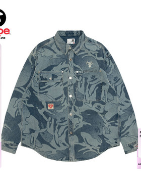 Aape旗舰店男装春夏字母猿人刺绣迷彩水洗牛仔长袖衬衫8564XXQ