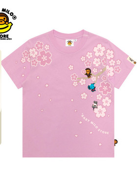 BABY MILO STORE女装卡通动物樱花花瓣印花短袖T恤0459XXQ