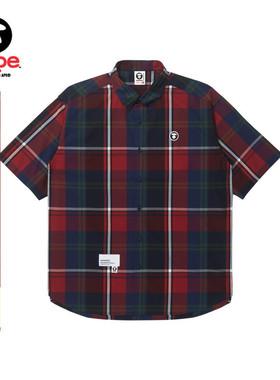 Aape旗舰店男装春夏格纹拼色复古宽松短袖衬衫8435XXK