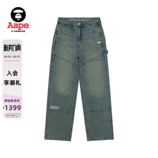 Aape旗舰店女装 D620XXQ 春夏猿人刺绣徽章水洗做旧牛仔长裤