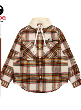 Aape旗舰店男装秋冬可拆卸帽格纹翻领潮流长袖衬衫外套8549XXP