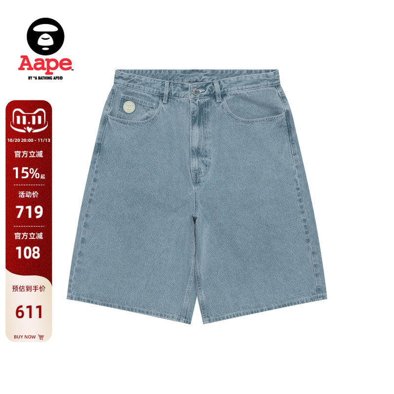 Aape旗舰店男装春夏小标徽章休闲潮流水洗牛仔短裤C638XXO