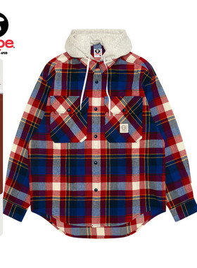 Aape旗舰店男装秋冬可拆卸帽复古格纹休闲潮流长袖衬衫8544XXP