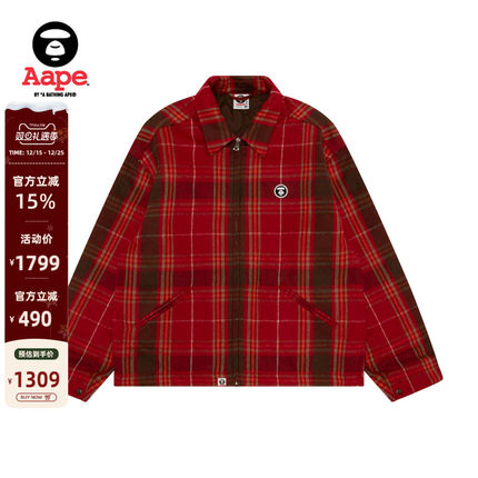 Aape旗舰店男装秋冬猿人徽章复古格纹休闲翻领夹克外套7733XXP