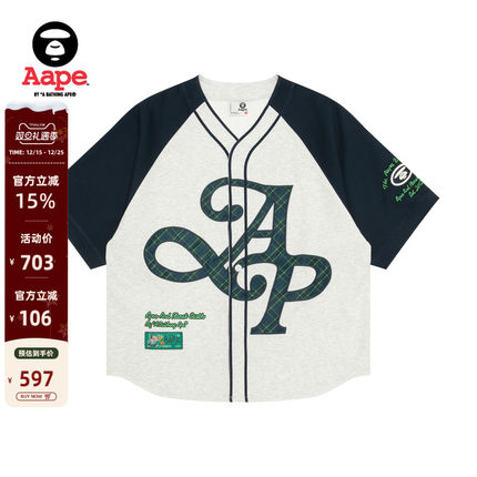 Aape旗舰店男装春夏格纹字母刺绣美式潮流宽松开衫短袖T恤1660XAO