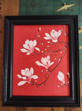 纯手绘~玉兰花摆台挂画，客厅家装装饰画~实木复古画框