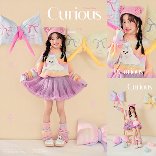 儿童摄影服装甜美可爱风7-8岁女童卡通刺绣毛衣粉色蓬蓬裙套装