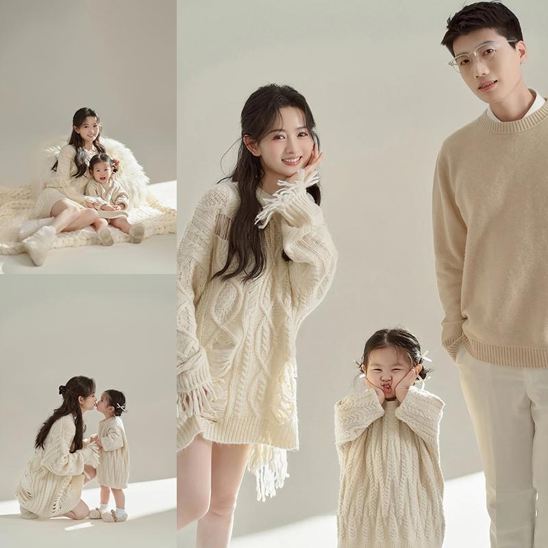 影楼款亲子摄影主题照相服装影楼全家福新年白色麻花毛衣拍照童装