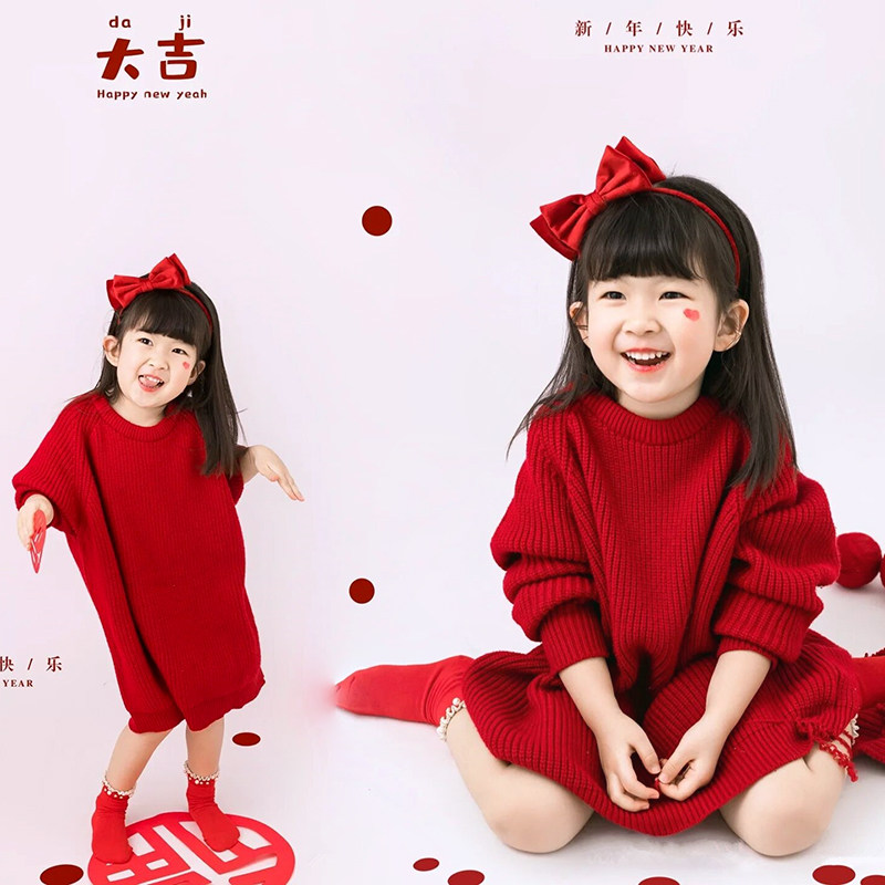 儿童圣诞主题服装女宝宝摄影拍照主题艺术照衣服影楼新年红色毛衣