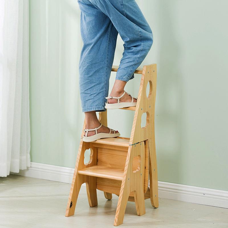 家用折叠梯椅靠背椅子实木梯子椅子两用楼梯多功能四步台阶楼梯凳