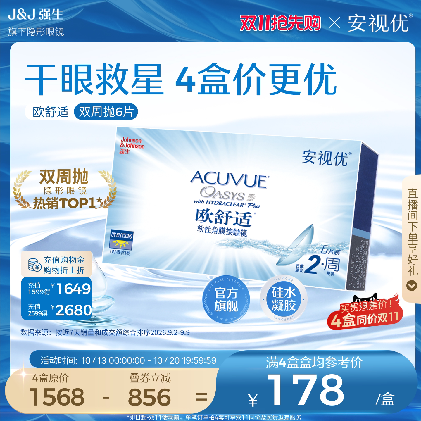 强生安视优欧舒适双周抛6片硅水凝胶近视隐形眼镜半月抛8.8mm基弧