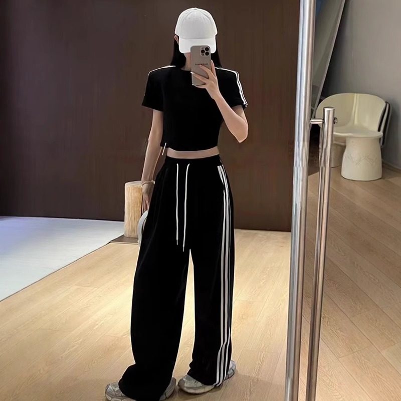 纯棉休闲运动服套装女夏季宽松显瘦短袖阔腿裤洋气时尚两件套跑步