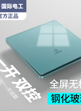 国际电工86型蓝色钢化玻璃镜面一开双开双控开关双联1开插座面板