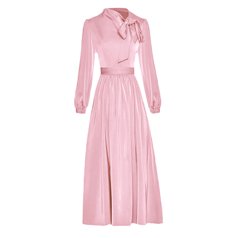 高级醋酸长袖连衣裙女气质粉色长裙2022新款秋季长款法式收腰裙子