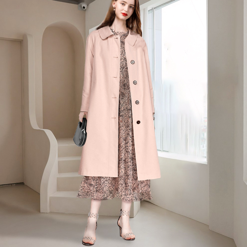 高端气质粉色风衣女中长款过膝直通显瘦大衣2022春秋新款简约外套