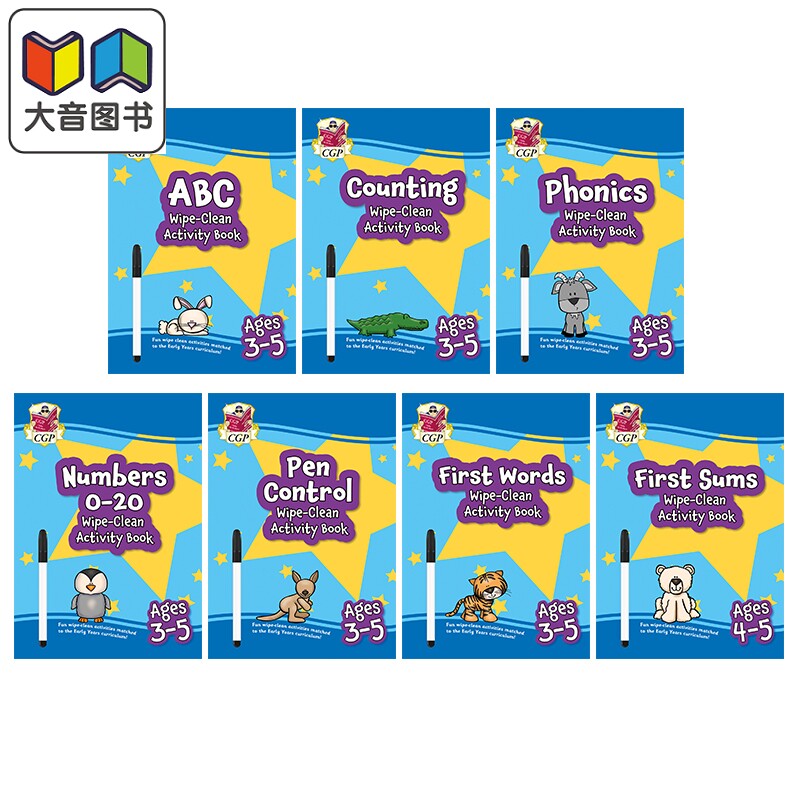 英国原版CGP 幼儿园学前班可擦式活动手册7册 Wipe-Clean Activity Book for Ages 3-5 英文自然拼读数字字母启蒙 大音