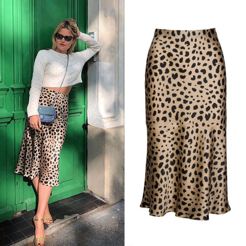 夏季新款女裙欧美风模特同款时尚高腰豹纹印花中长款半身裙百搭