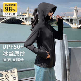 长袖 UPF50 防晒服防紫外线冰丝原纱薄款 黑色外套开衫 防晒衣女夏季