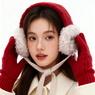 韩版ins风红色绑带保暖耳罩女冬季时尚百圣诞过年耳套防风耳捂子
