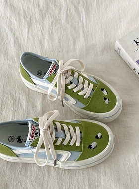 喜叔 小清新绿色厚底帆布鞋女款夏季薄款透气板鞋复古厚底小白鞋