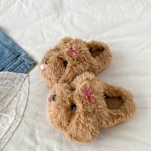 室内家居保暖防滑包头棉拖鞋 冬季 女款 喜叔可爱泰迪毛绒小狗棉拖鞋