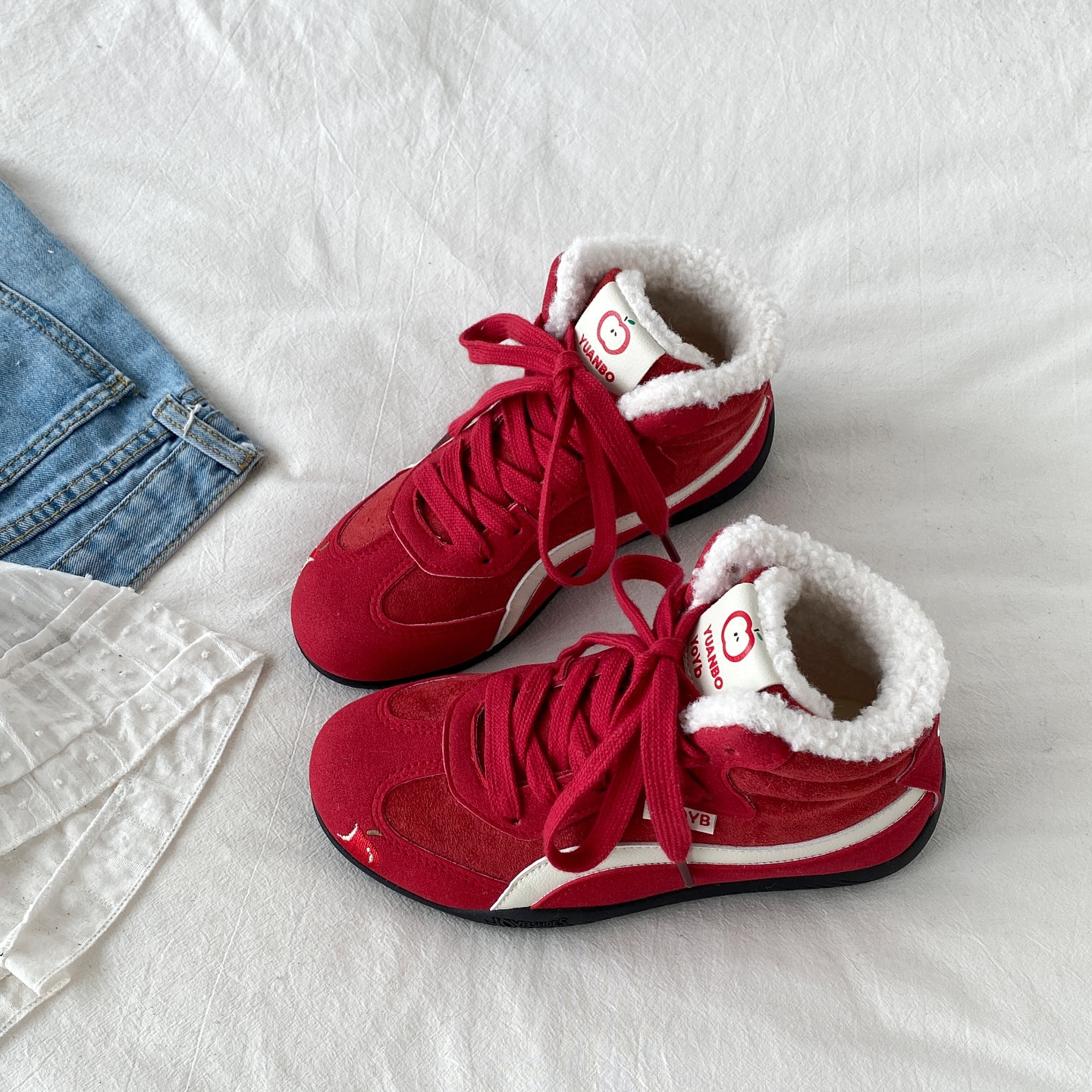 加绒保暖红色高帮德训鞋二棉女鞋