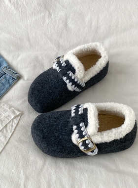 喜叔灰色加绒保暖勃肯鞋女2025新款冬季厚底毛毛棉鞋一脚蹬雪地靴