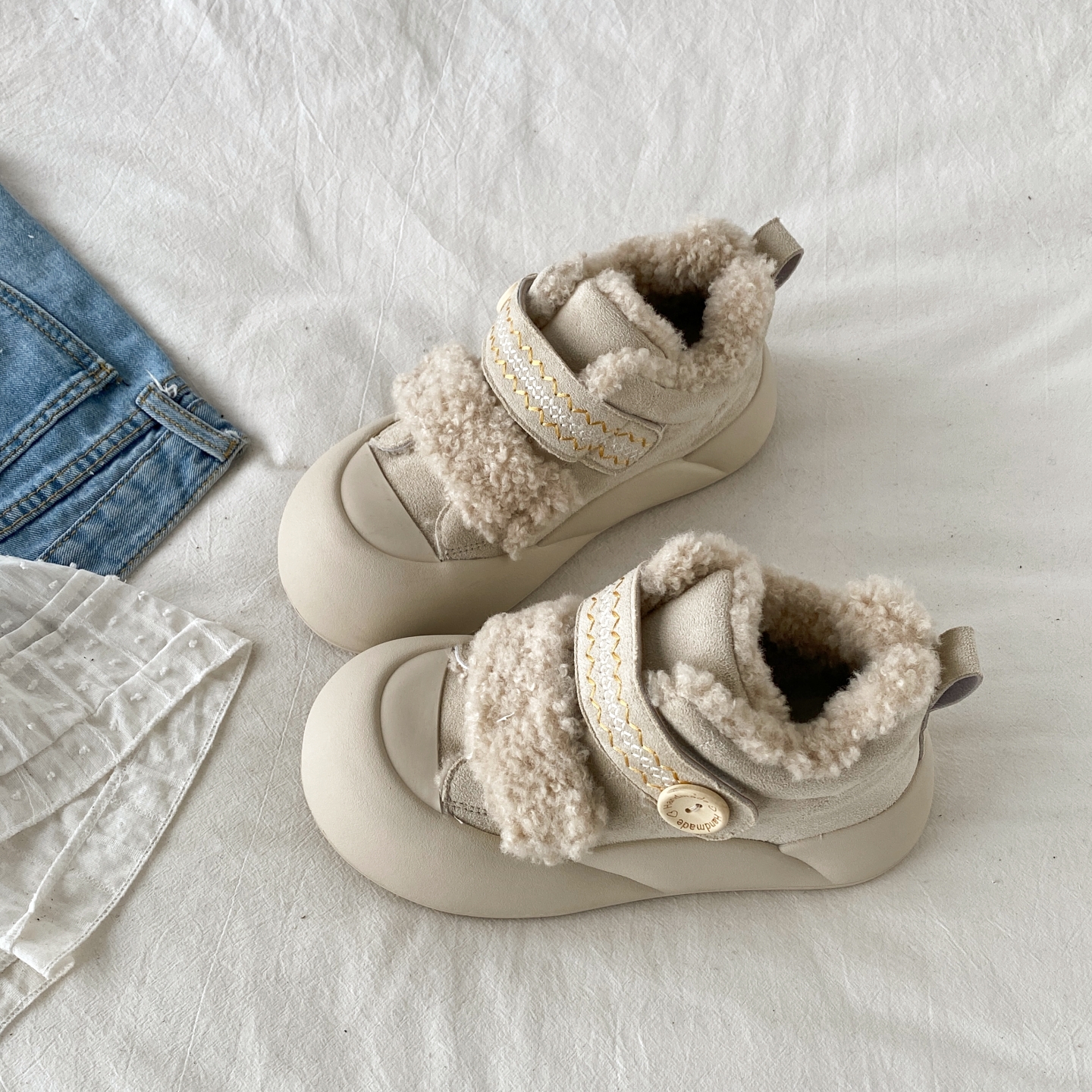 丑萌厚底高帮棉鞋魔术贴毛毛鞋子