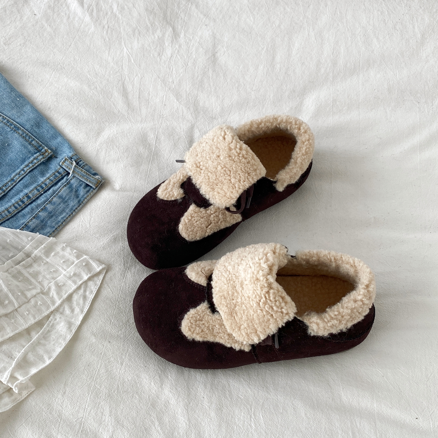 棕色小众毛毛德训鞋加绒保暖棉鞋