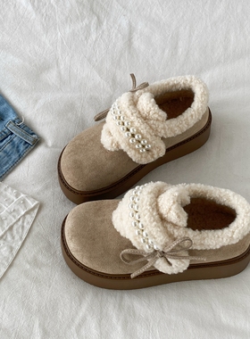 喜叔法式珍珠蝴蝶结加绒勃肯鞋女冬季外穿保暖厚底毛毛棉鞋雪地靴