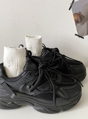 喜叔黑色厚底增高老爹鞋女小众设计感全黑鞋子港风复古休闲运动鞋